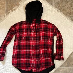Women’s Red and Black Plaid Shirt with Hood